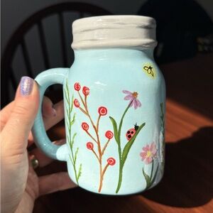 Mason Jar Mug with Wild Flowers Ceramic Hand Painted
